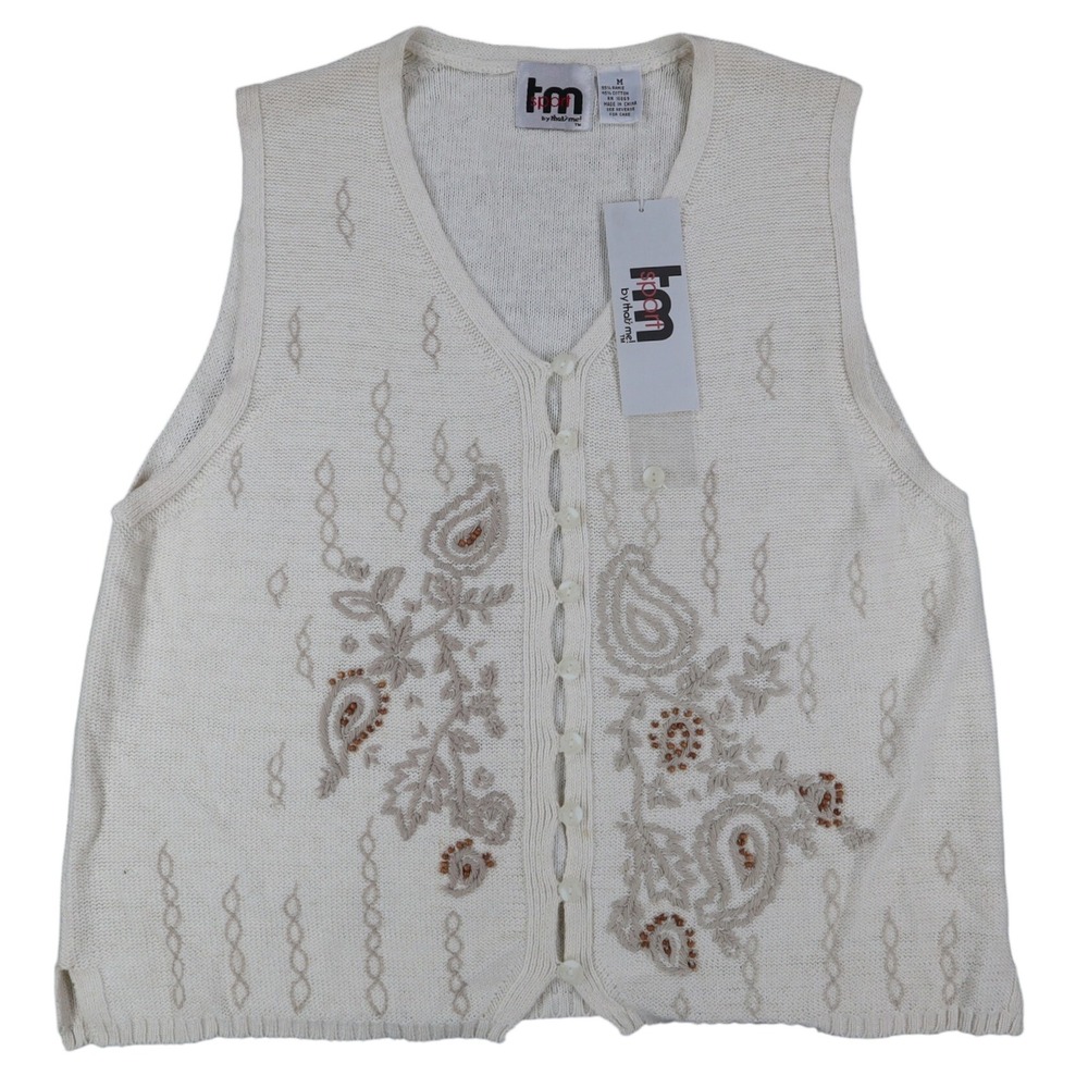 TM Sport by That's Me Sweater Vest Medium Vintage Ivory Beaded Floral Knit C904